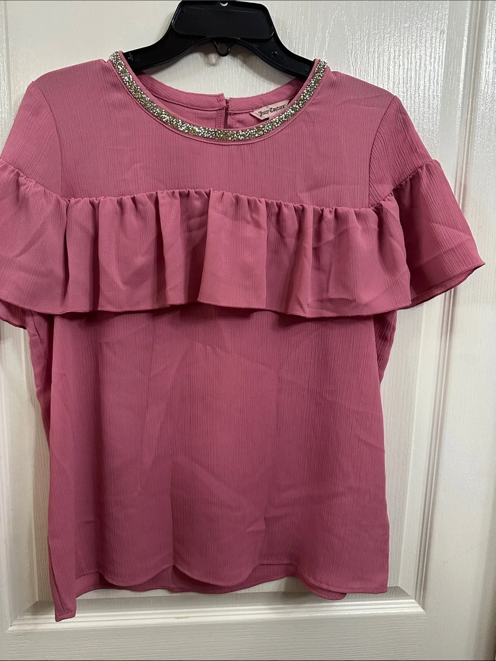 Juicy Couture Rose Pink Ruffle Short-Sleeve Blouse with Jeweled Neckline